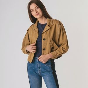 *Sold* Women Military Oversize Crop Fall Denim Jacket Size S Tan Khaki NWOT